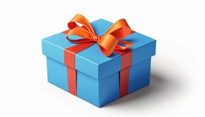 Stylish blue gift box with bright orange ribbon on a white background for celebration and gifting purposes