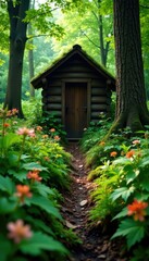 Forest floor surrounding the outhouse with ferns and wildflowers, flowers, undergrowth, landscape