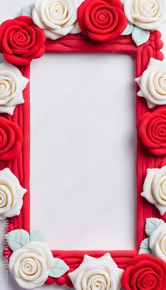 Poster a vibrant red and white decorated frame with roses surrounds an empty space. this setup is perfect f