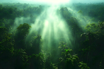 Sunlight Beams Through Misty Forest Canopy