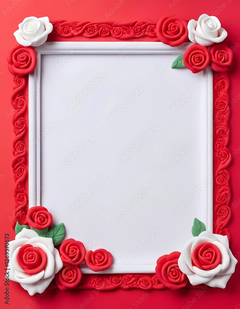 Poster a vibrant red and white decorated frame with roses surrounds an empty space. this setup is perfect f