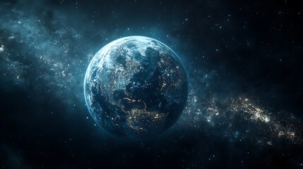 Obraz premium Earth View from Space with City Lights and Galaxy Background A Celestial Scene Depicting Humanity