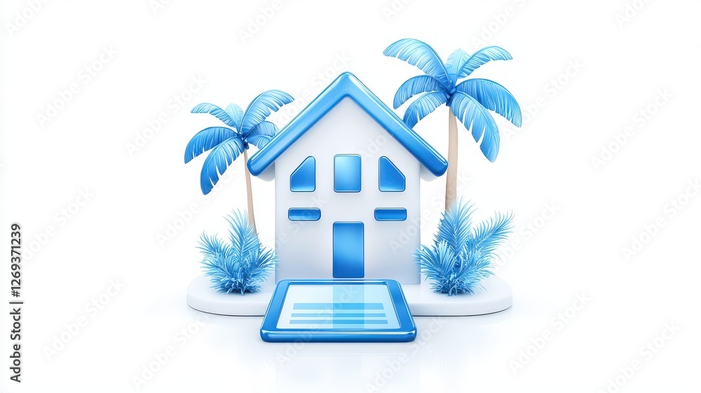 Poster a sleek 3d property management icon with subtle gradient shading, isolated against a white backgroun