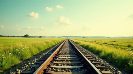 Obraz premium Serene Summer Journey A Railway Track Extending Through Verdant Fields Under a Tranquil Sky