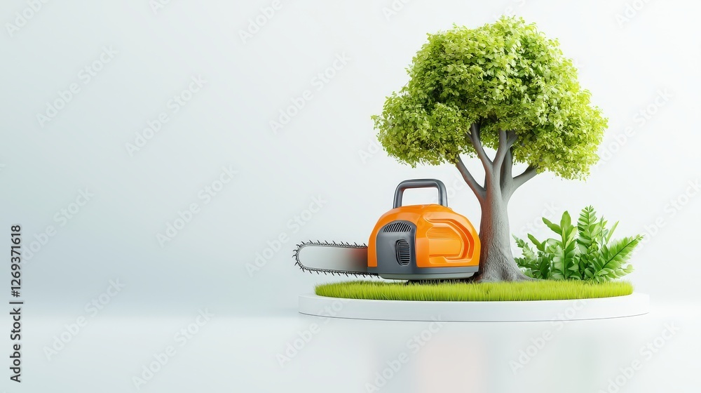 Poster a sleek 3d tree cutting icon with a soft gradient, depicting a chainsaw and a falling tree in a mini