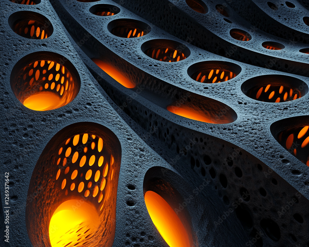 Aufkleber Close-up of abstract futuristic surface with glowing orange light in circular patterns, showcasing digital art, modern technology, and innovation in a 3D environment.