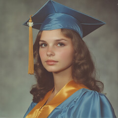 1970s style college graduation photo of a young woman with the typical cap and gown