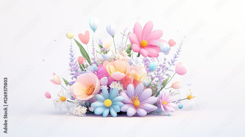 Poster a sleek and modern 3d bouquet vector icon with soft pastel hues, designed in a minimal gradient styl