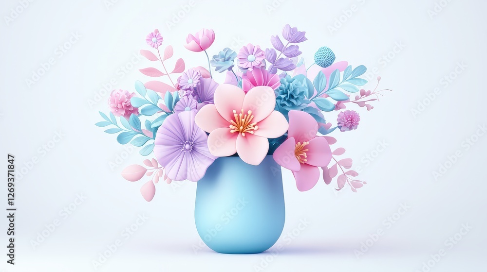 Poster a sleek and modern 3d bouquet vector icon with soft pastel hues, designed in a minimal gradient styl