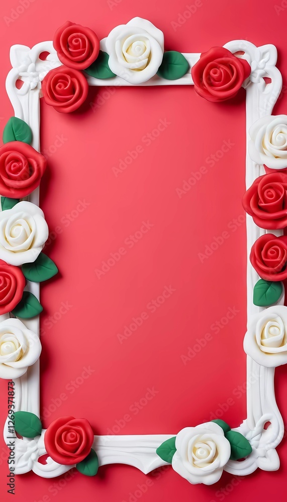 Poster a vibrant red and white decorated frame with roses surrounds an empty space. this setup is perfect f