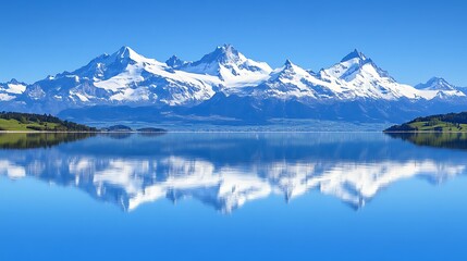 Majestic snow capped mountains reflected in a calm lake