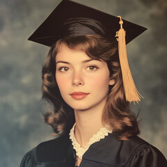 1970s style college graduation photo of a young woman with the typical cap and gown