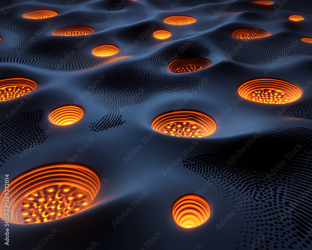 Aufkleber close-up of abstract digital surface with glowing orange circles, showcasing modern, futuristic desi