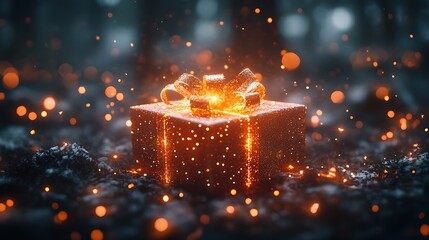 Sparkling celebration scene featuring an open present with a glowing voucher