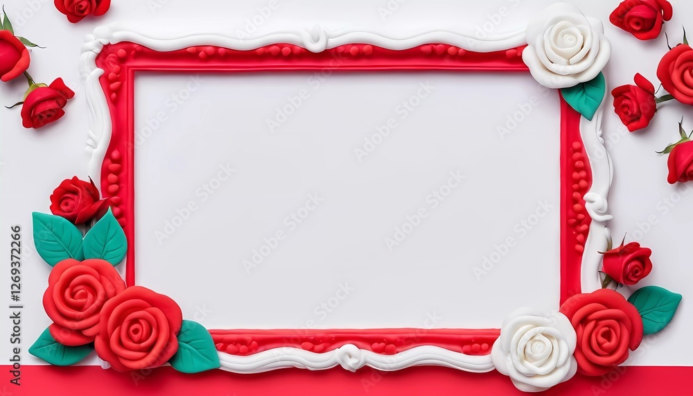 Poster a vibrant red and white decorated frame with roses surrounds an empty space. this setup is perfect f