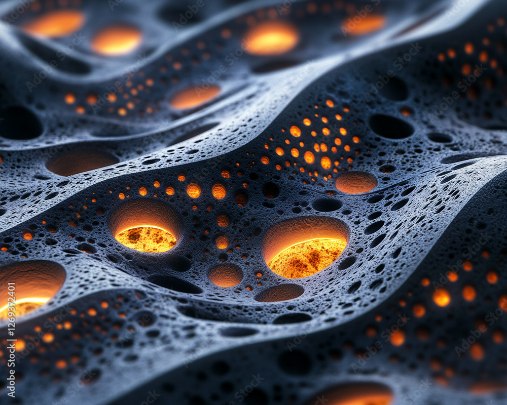 Poster Close-up of abstract digital surface with glowing orange circular patterns, showcasing futuristic design, high-tech art, and advanced technology concepts in a 3D rendered environment.