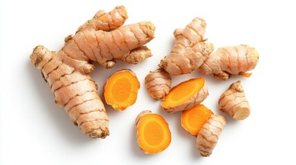 Fresh turmeric roots and slices on white background daily nutrition and health benefits