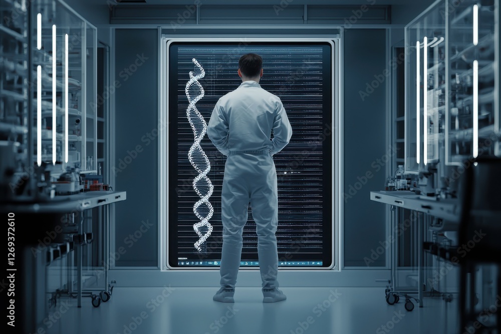 Aufkleber a scientist in a lab coat observes a digital display of dna strands, surrounded by advanced technolo