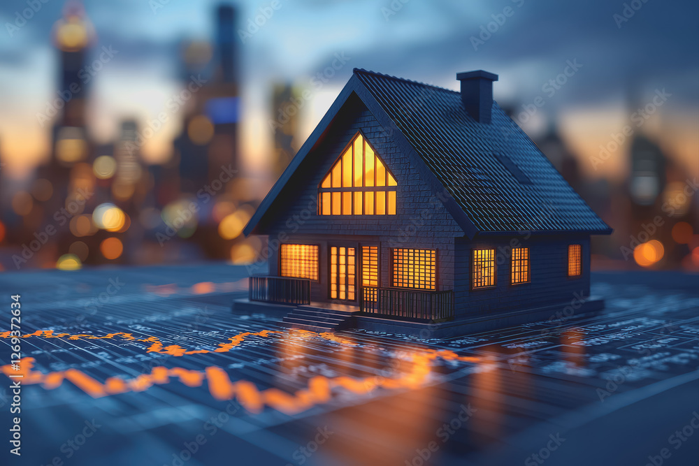 Poster small house model placed on top of architectural blueprint with design sketches and measurements vis
