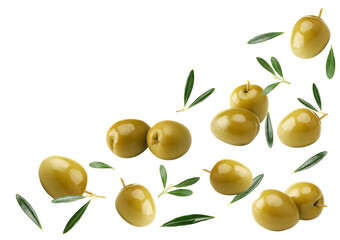 green olives with green leaves isolated on white background. clipping path