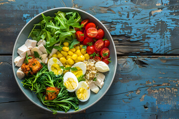 Fresh mixed salad bowl on rustic wooden background