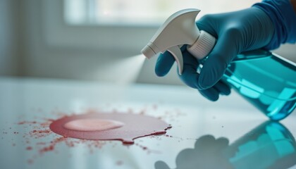 crime scene cleanup, disinfectant spray, cleaning of blood, Professional cleaning of crime scene in focused mood using spray on red stains in bright room