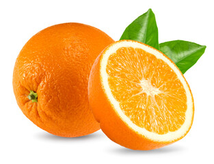 orange fruits with slices and green leaves isolated on white background. clipping path