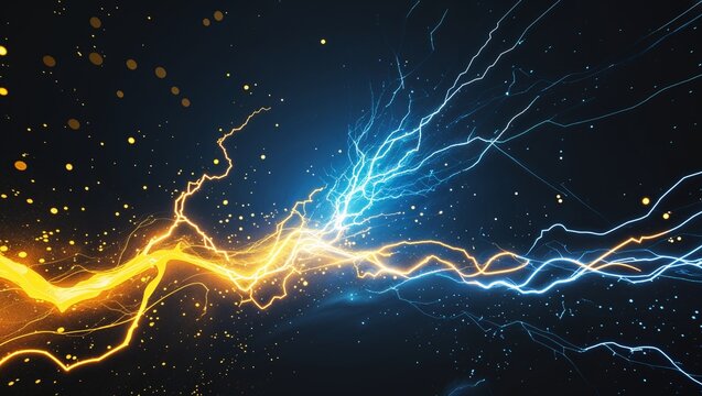 Abstract impact of goldenrod yellow and ultramarine blue glowing lightning sparks effects anime on plain black background