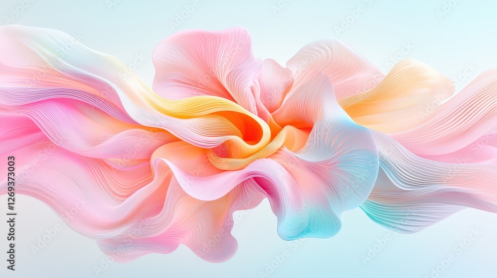 Poster a surreal 3d abstract scene featuring intertwining ribbons of light and texture, creating an etherea