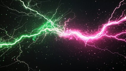 Abstract impact of hyper green and stellar pink glowing lightning sparks effects anime on plain black background