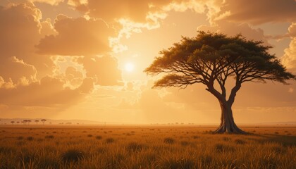 Naklejka premium Majestic Sunset Over an African Savanna with a Solitary Tree Silhouetted Against Vibrant Evening Sky