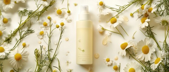 A pristine lotion bottle featuring chamomile essence elegantly placed among fresh chamomile blossoms and lush greenery, embodying natural beauty and tranquility.