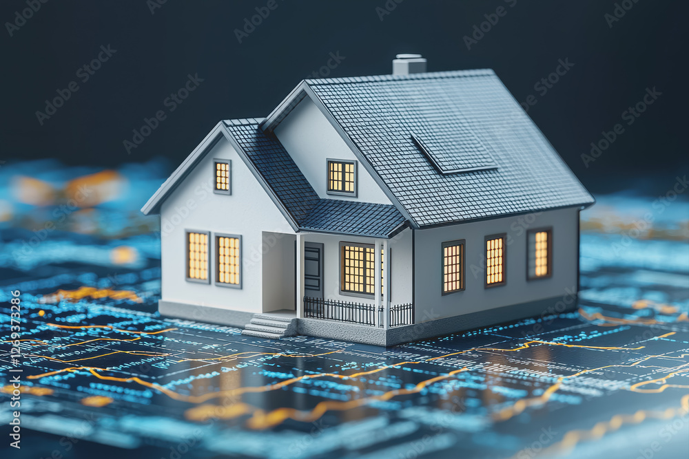Poster house situated on a detailed blueprint map showing architectural design and layout