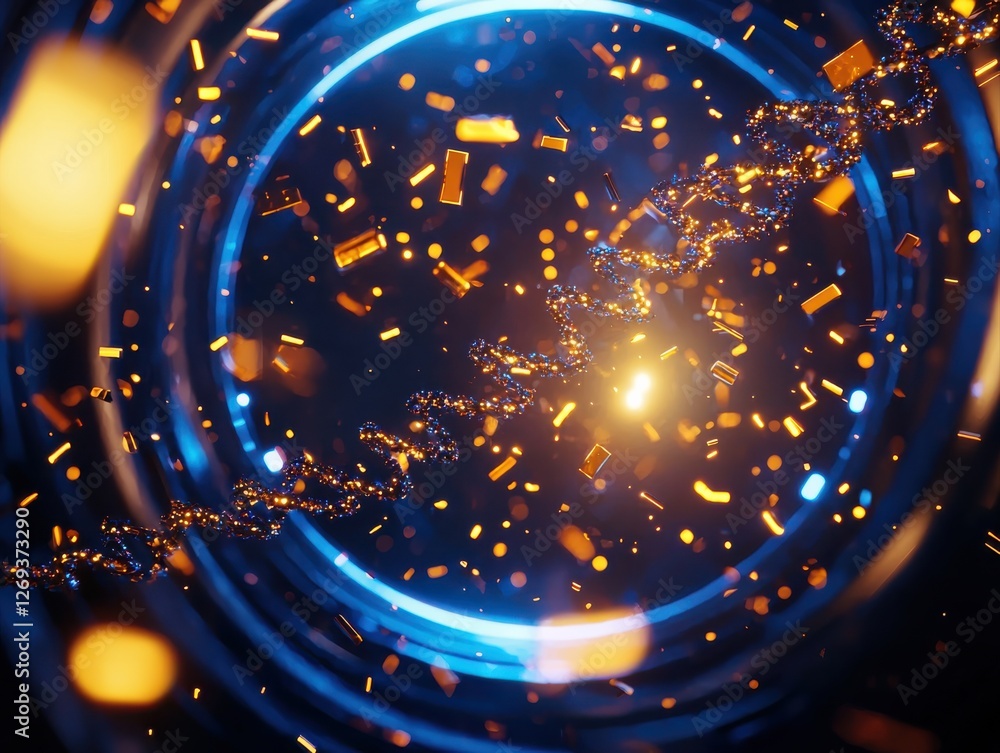 Poster a swirling vortex of light and particles, with bright golden elements and a central glowing core, cr