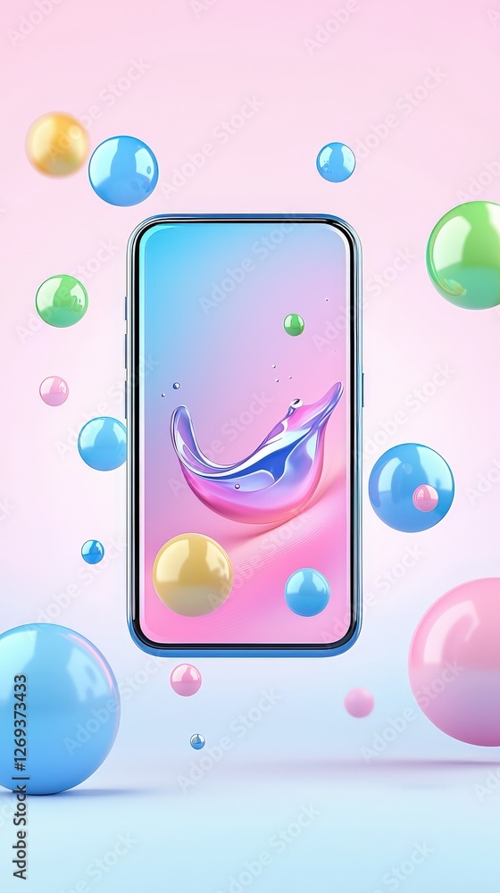 Poster minimal 3d mobile ui mockup with soft gradient background, futuristic floating app interface, clean 