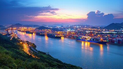 Fototapeta premium Container ships at sunset, harbor, city skyline, industrial, import/export