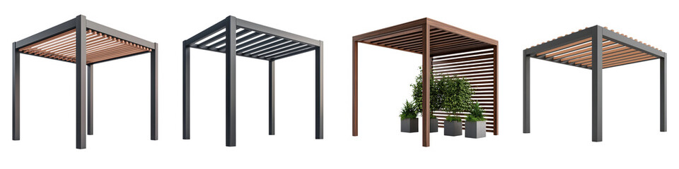 Stylish and contemporary outdoor pergola gazebo structures made of wood and metal providing shaded areas for relaxation entertainment and enjoying nature on a patio deck or in the garden