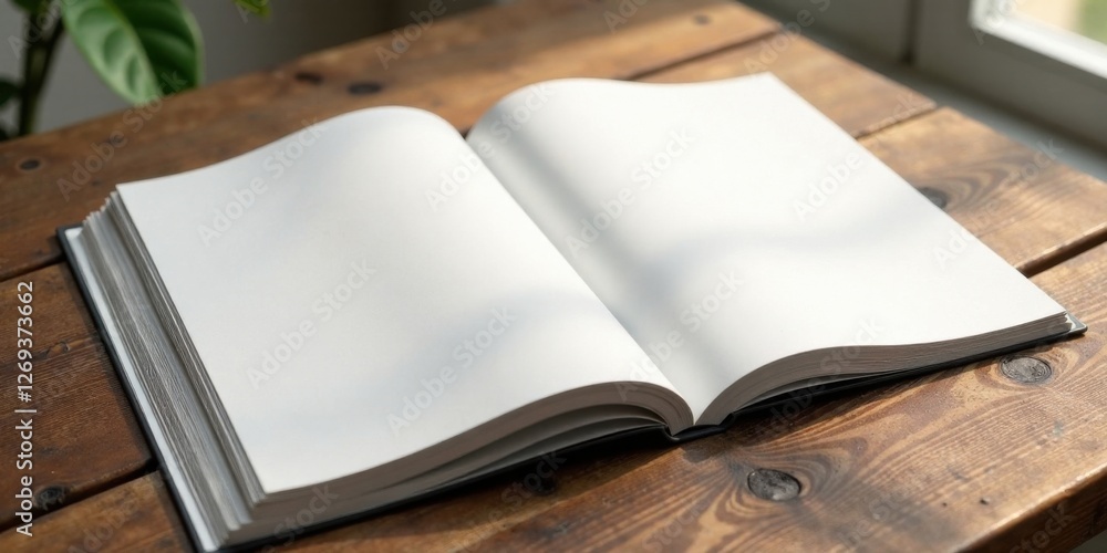 Poster blank book pages open on rustic wooden table in sunlight