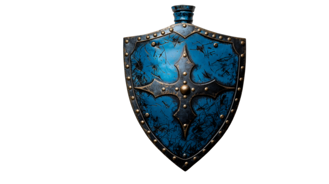 Medieval Knight Shield Blue Antique Decor, Rustic Wall Hanging for Home Design, isolated on transparent background.