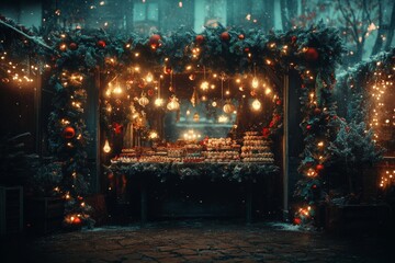 Obraz premium Cozy Christmas Market Stall with Treats and Festive Decorations