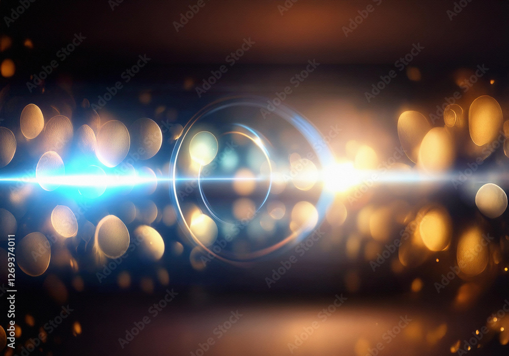 Poster a circular glowing object in the center of the image with two beams of light extending horizontally 