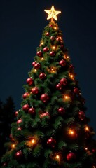 Fototapeta premium Ornate lights adorn a towering evergreen tree, decorations, evergreen