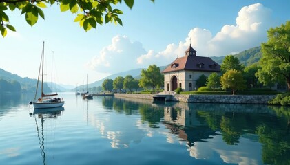 Fototapeta premium Overlooked by the museum, a peaceful waterfront scene, reflection, boats