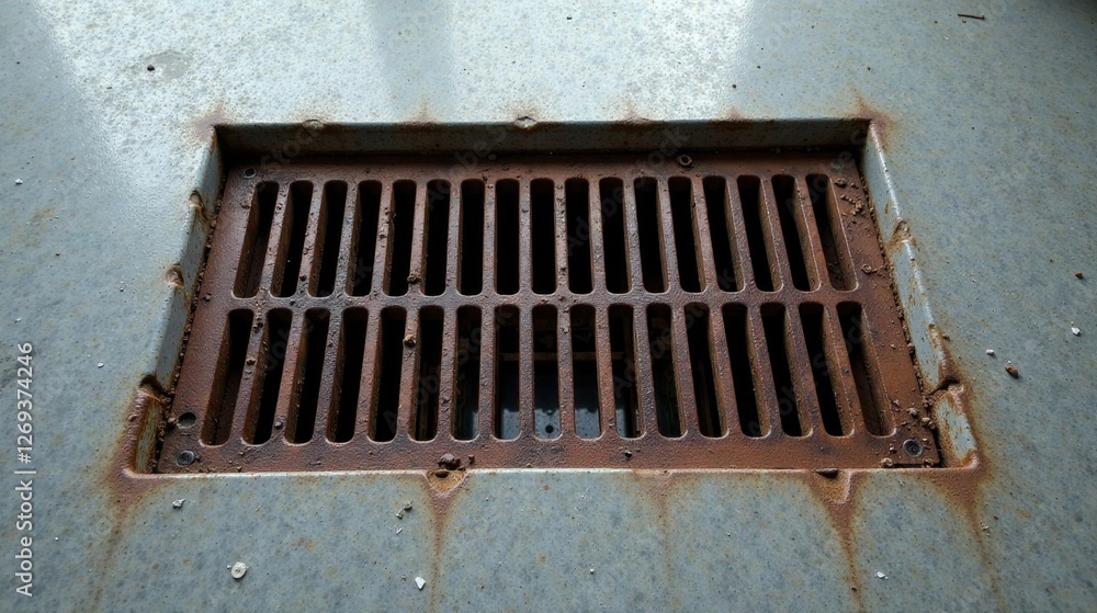 Aufkleber Rusty Metal Grate Embedded in Weathered Surface A Detailed Close-Up View Showing Texture and Deterioration