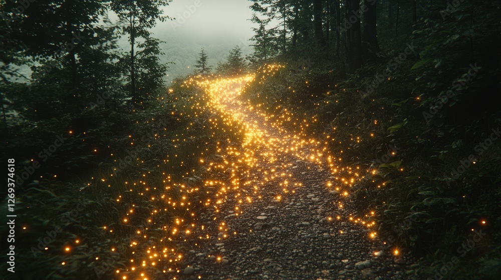Poster a captivating path of lights creating a magical atmosphere in the forest