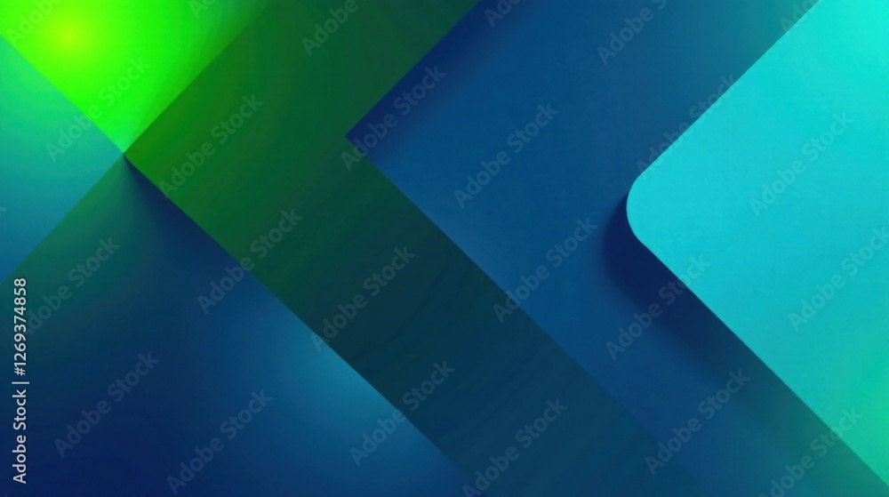Poster Abstract Geometric Shapes in Vibrant Green and Blue Hues Featuring a Dynamic Composition of Overlapping Layers and Gradient Effects