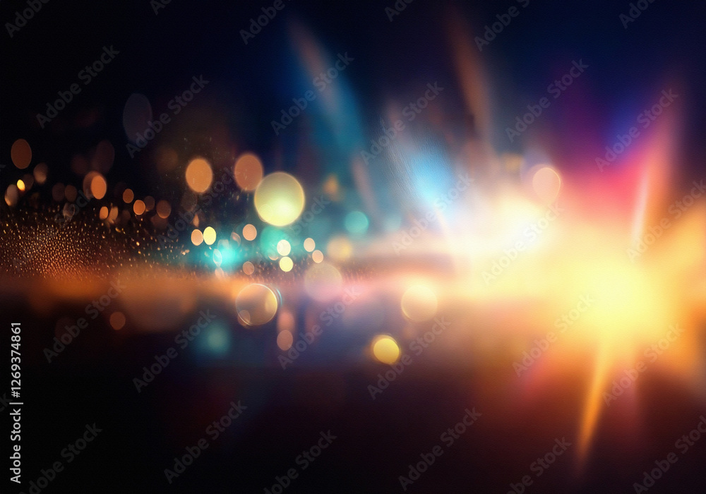 Aufkleber a dark background with a bright light streak and bokeh lights.