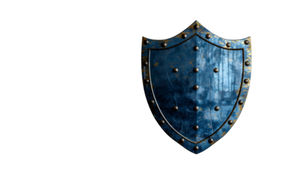 Blue Metal Shield Medieval Antique Design, Gold Iron Armor for Wall Decor, isolated on transparent background.