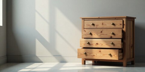 Light illuminating a rustic wooden chest of drawers with four open drawers in a minimalist interior