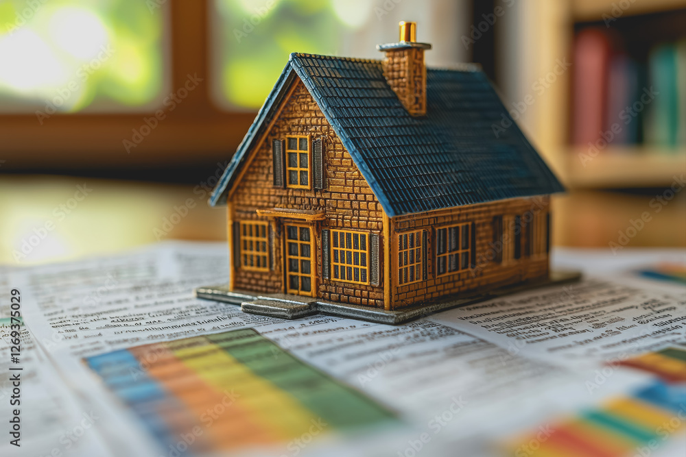 Poster model house displayed on top of an open book representing architecture and design concepts